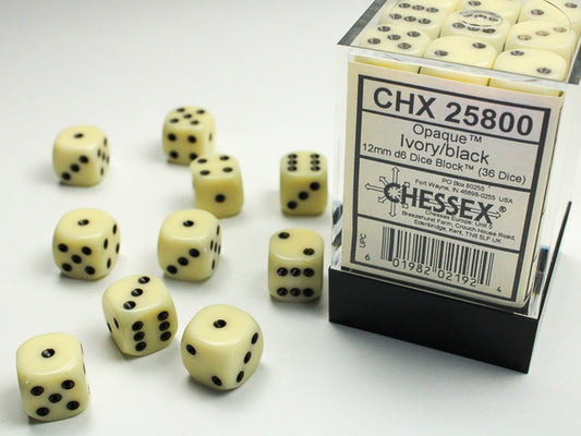 Set di 36 Dadi D6 Chessex Opaque Ivory/Black 12mm (CHX25800)