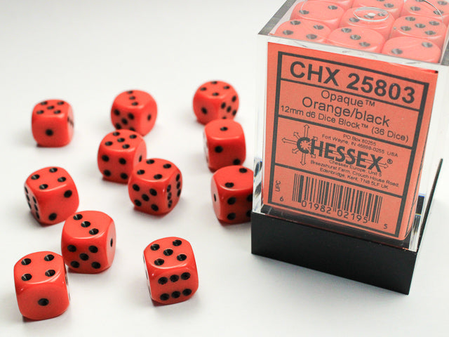 Set di 36 Dadi D6 Chessex Opaque Orange/Black 12mm (CHX 25803)
